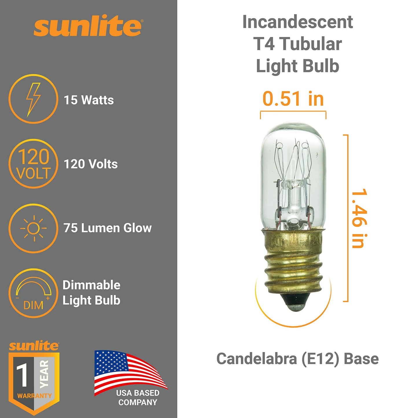 Sunlite 15T4/CL Incandescent 15-Watt, Candelabra Based, T4 Tubular Bulb, Clear