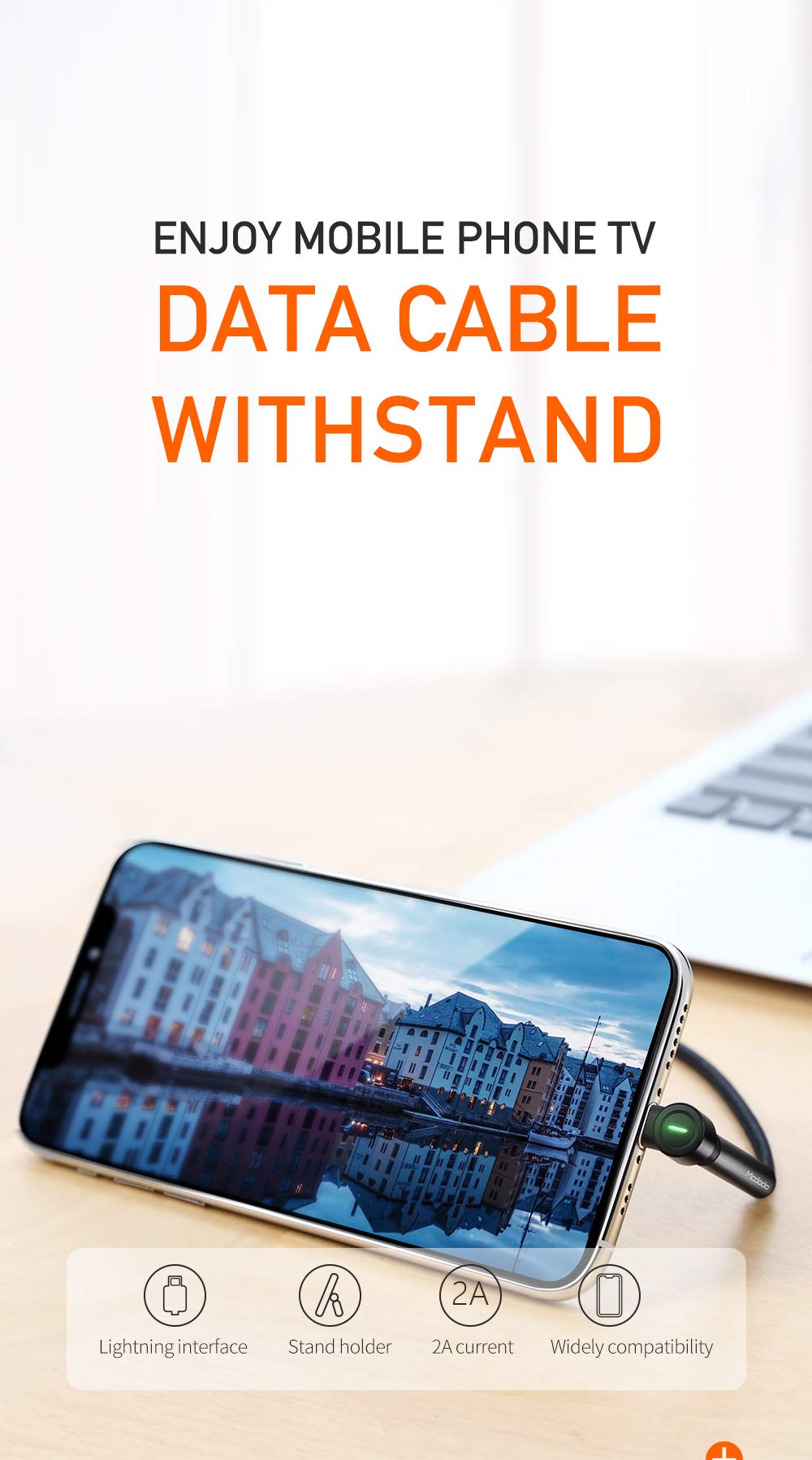 Stand Holder Removable Cable, Mcdodo LED Bracket Struture Design Cord Nylon Braided Sync Charge USB Data 6FT/1.8M Cable Compatible with Phone XS…