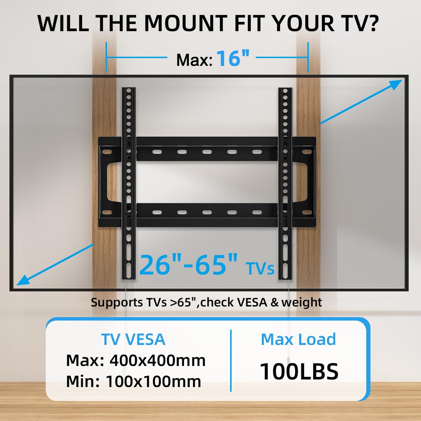 HOME VISION TV Wall Mount Fixed for Most 26-65 Inch Flat/Curved TVs with Max VESA 400X400mm up to 99Lbs Fits 16 Inch Wood Studs, Universal Low Profile