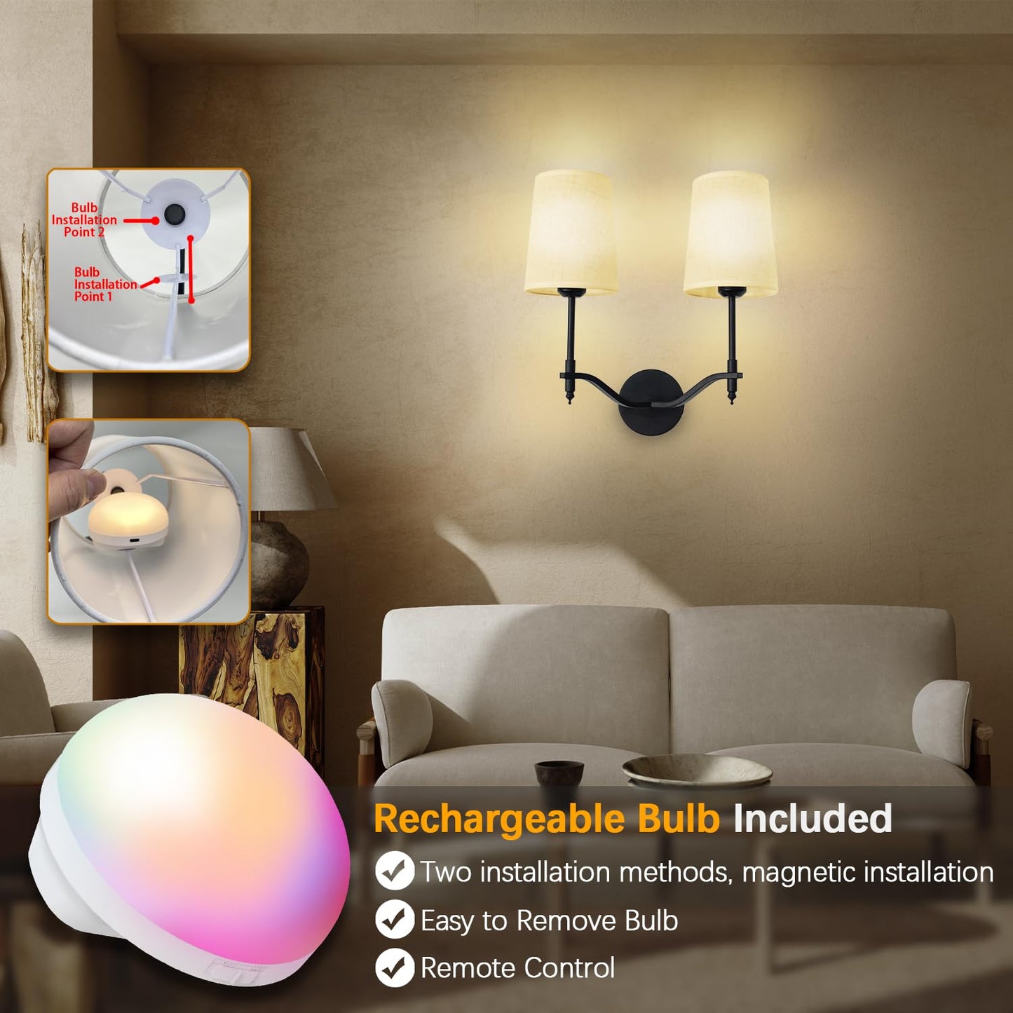 Troconce Wall Lights Battery Operated Wall Sconces 2-Light, Black Rechargeable Wall Sconce with 15 RGB Dimmable Detachable Bulbs and Remote, Wireless