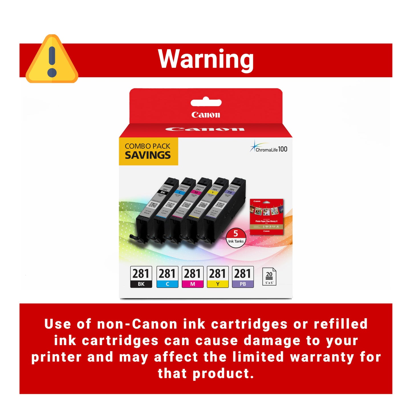 Canon CLI-281 Genuine Combo Pack with 20 (5"x5") Sheets, Compatible with TS9120 Series,TS8120 Series, TS8220, TS8320, and TS6320 Printers