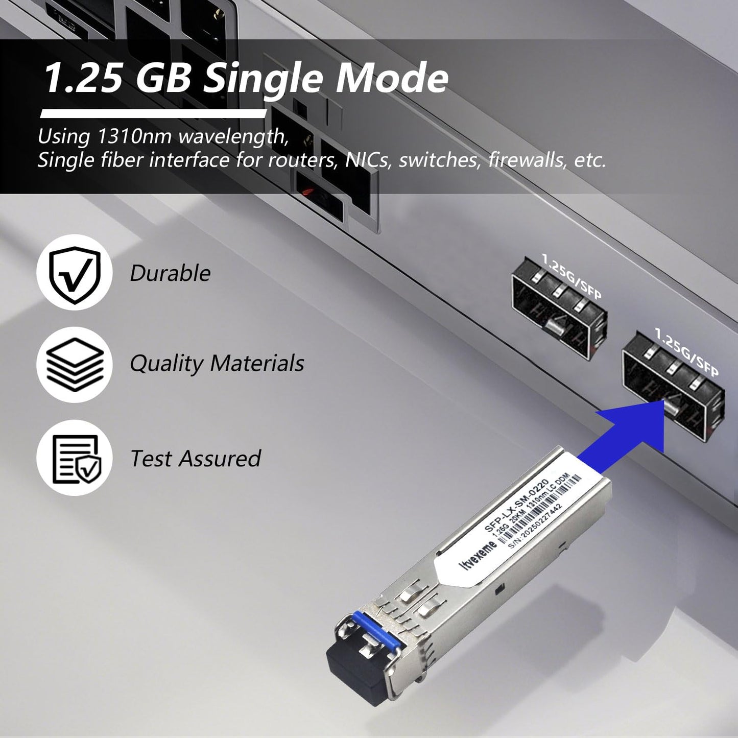 4 Pack 1.25G SFP Network Transceiver Module, 1000Base-LX Single Mode, 1310nm SMF, 20km, for Router, Network Card, Switch, Firewall etc