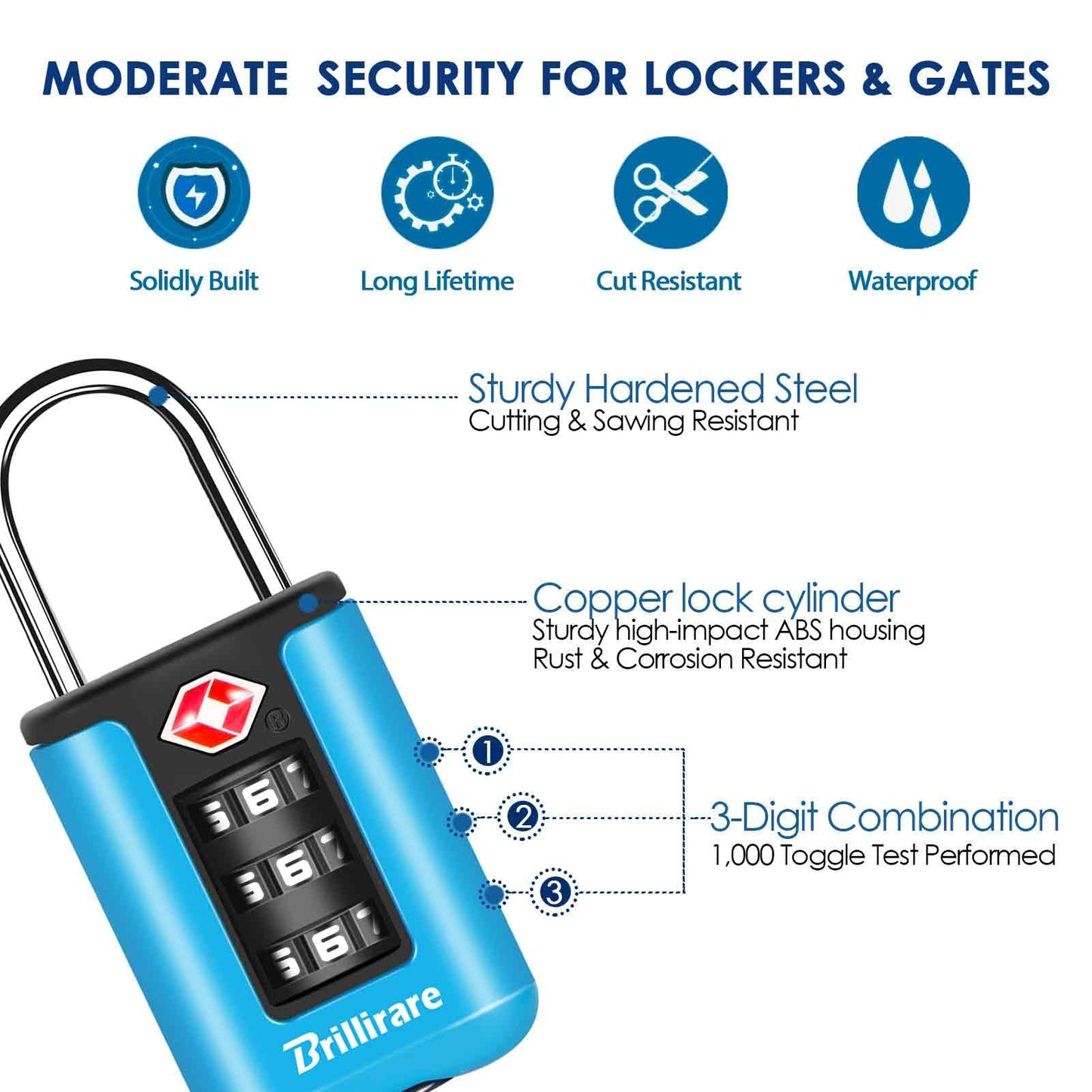 BRILLIRARE TSA Approved Luggage Locks 2 Pack – 3 Digit Waterproof Combination Padlocks, Resettable Travel Locks for Bags, Lockers & Gym (Blue)