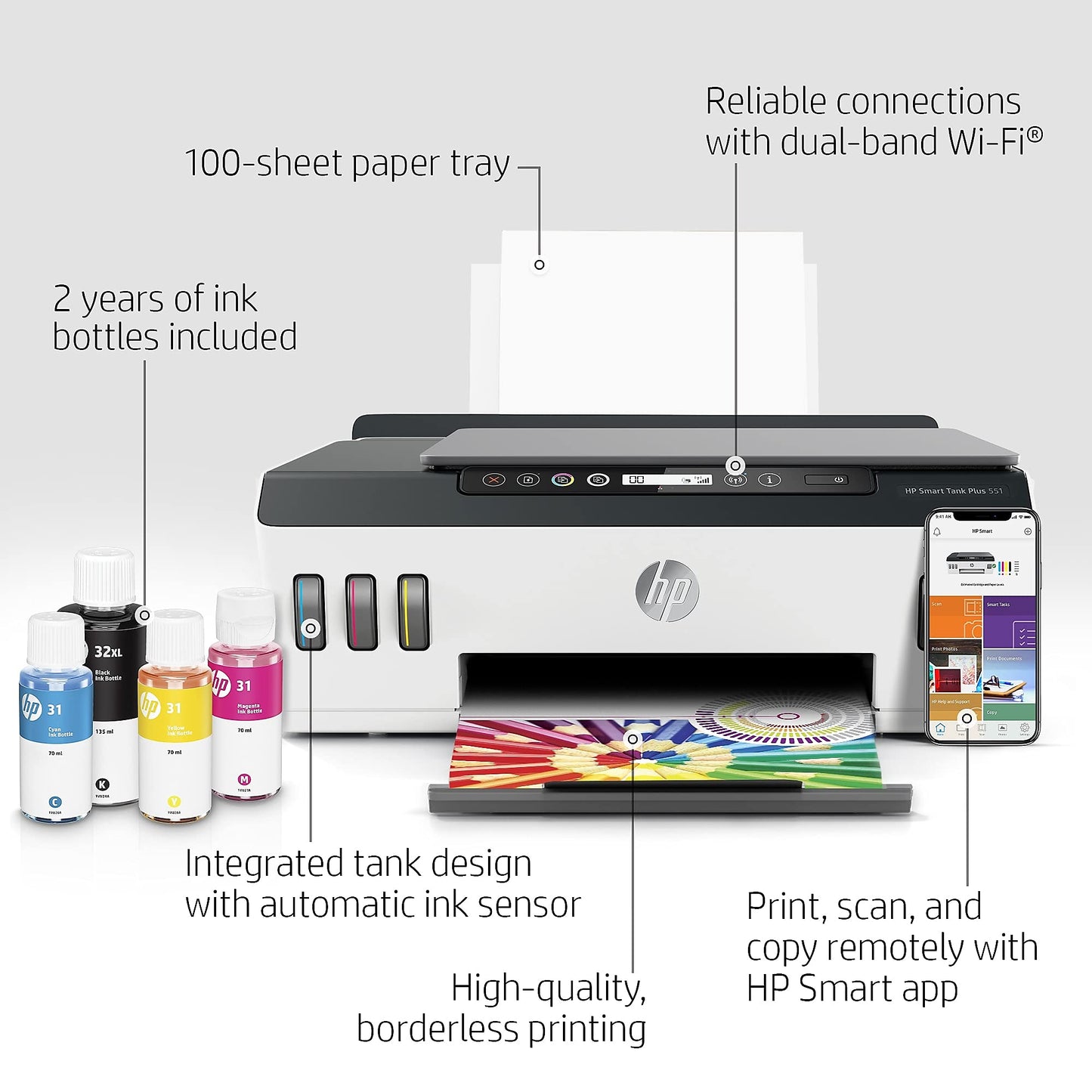 HP Smart Tank Plus 551 Wireless All-in-One Ink Tank Printer, up to 2 Years of Ink in Bottles, Mobile Remote Print, Scan, Copy, Works with Alexa