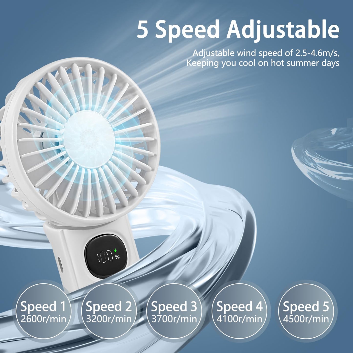 [2-packs Portable Handheld Fan] Personal Hand Held Fan for Travel, Foldable Eyelash Neck Fan with Digital Display, Lanyard, 5 Speeds, 180° Adjustable