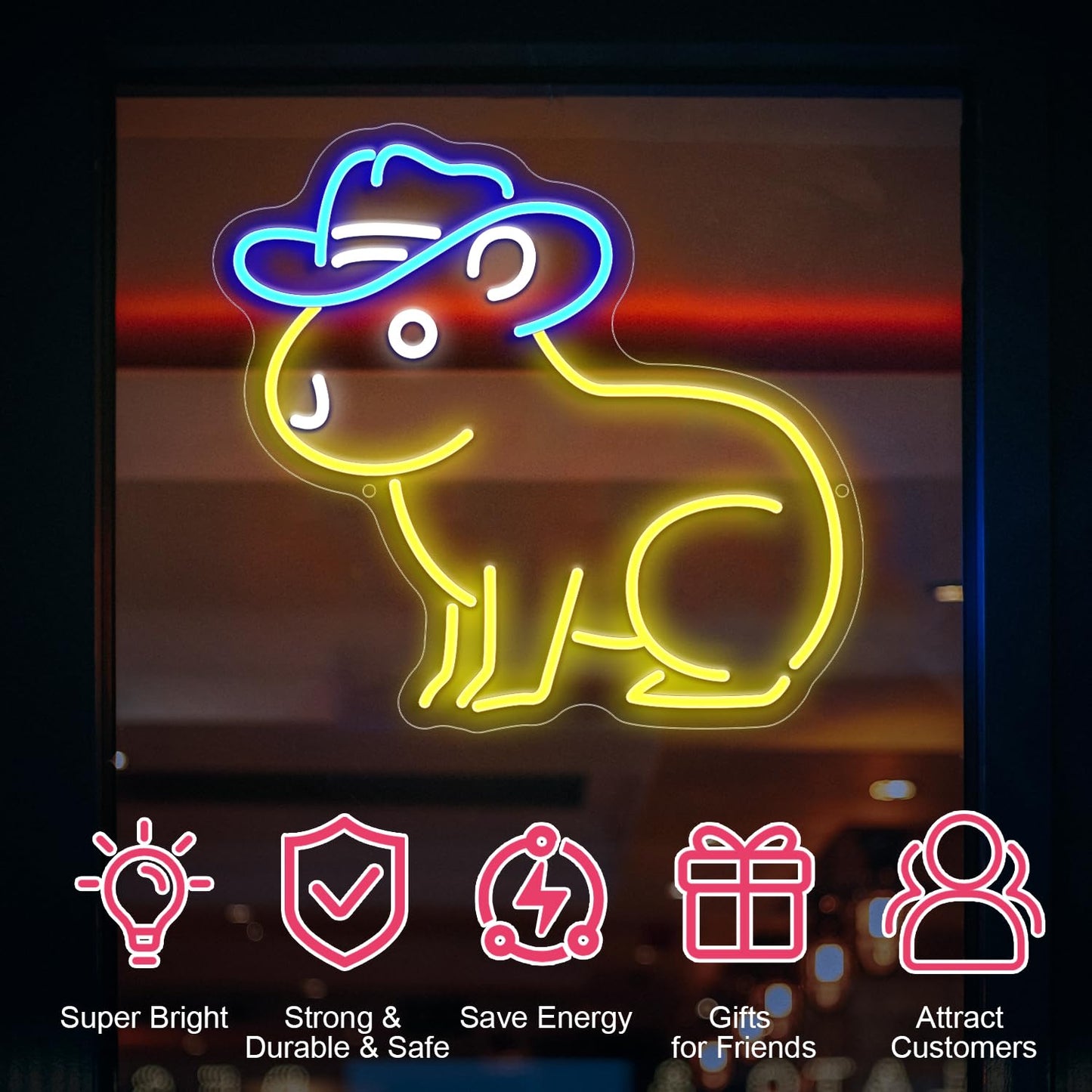 Capybara Neon Sign, Cute Cowboy Hat Capybara Led Light Animals Wall Decor Artled Bar Night Lights Backdrop Lights Led Business Signs Creative Neon Usb