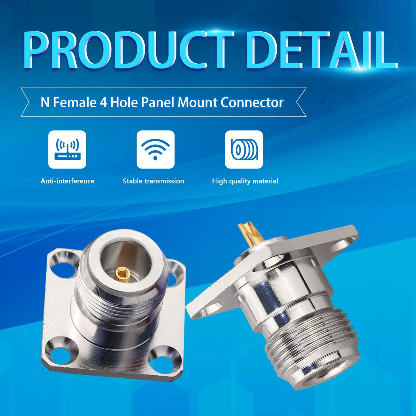 TUOLNK N Female 4 Hole Panel Mount Connector N Female Jack Coax Adapter Chassis Mount N Type RF Coaxial Antennas Connector Pack of 2