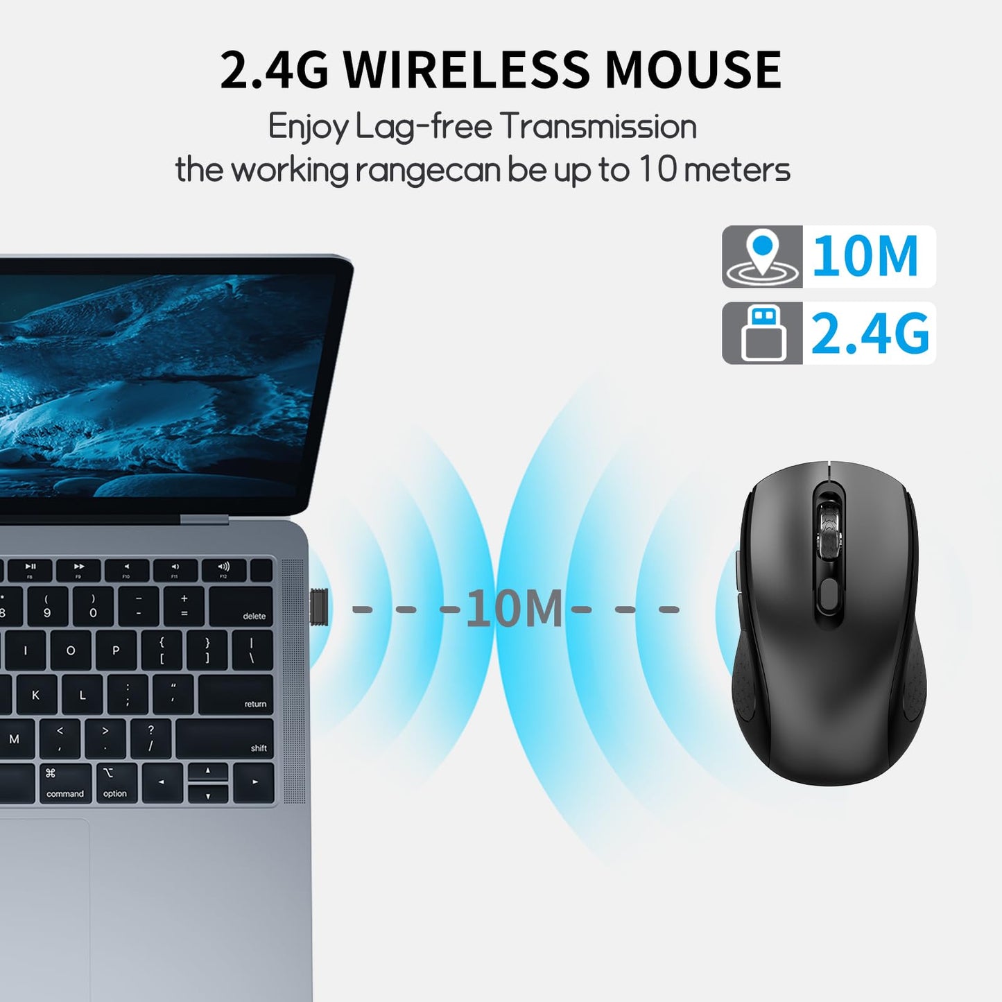 Wireless Mouse with Side Buttons for Laptop, PC, Chromebook, Mac, MacBook, Silent Mouse with USB Nano Receiver, 1000/1600/2400 DPI, Anti Slip Roller