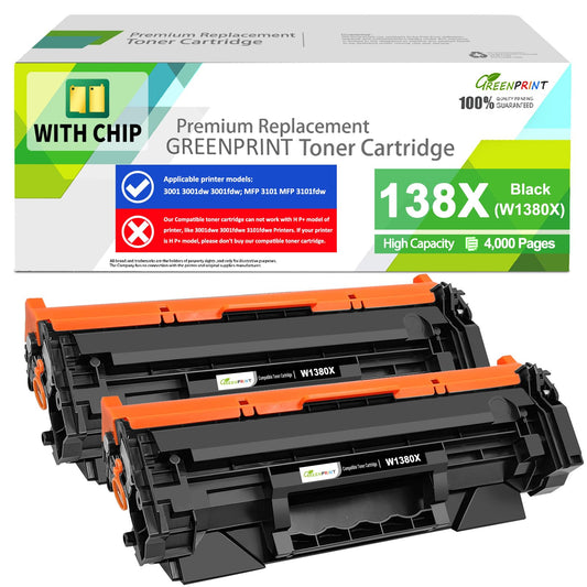 GREENPRINT ? with CHIP 138X W1380X ( 138A W1380A ) Compatible Toner Cartridge 2 Blacks High Yield 4000 Page for H P 3001dw 3001fdw 3101fdw 3101sdw