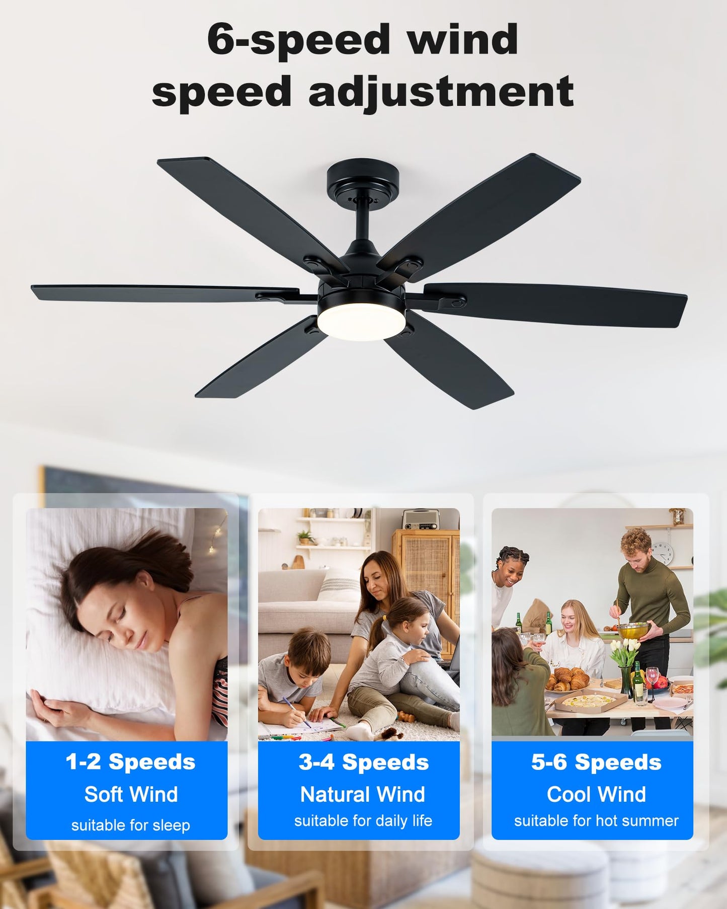 Coolwind 52" Black Ceiling Fan with Light, App/Display Remote Control,