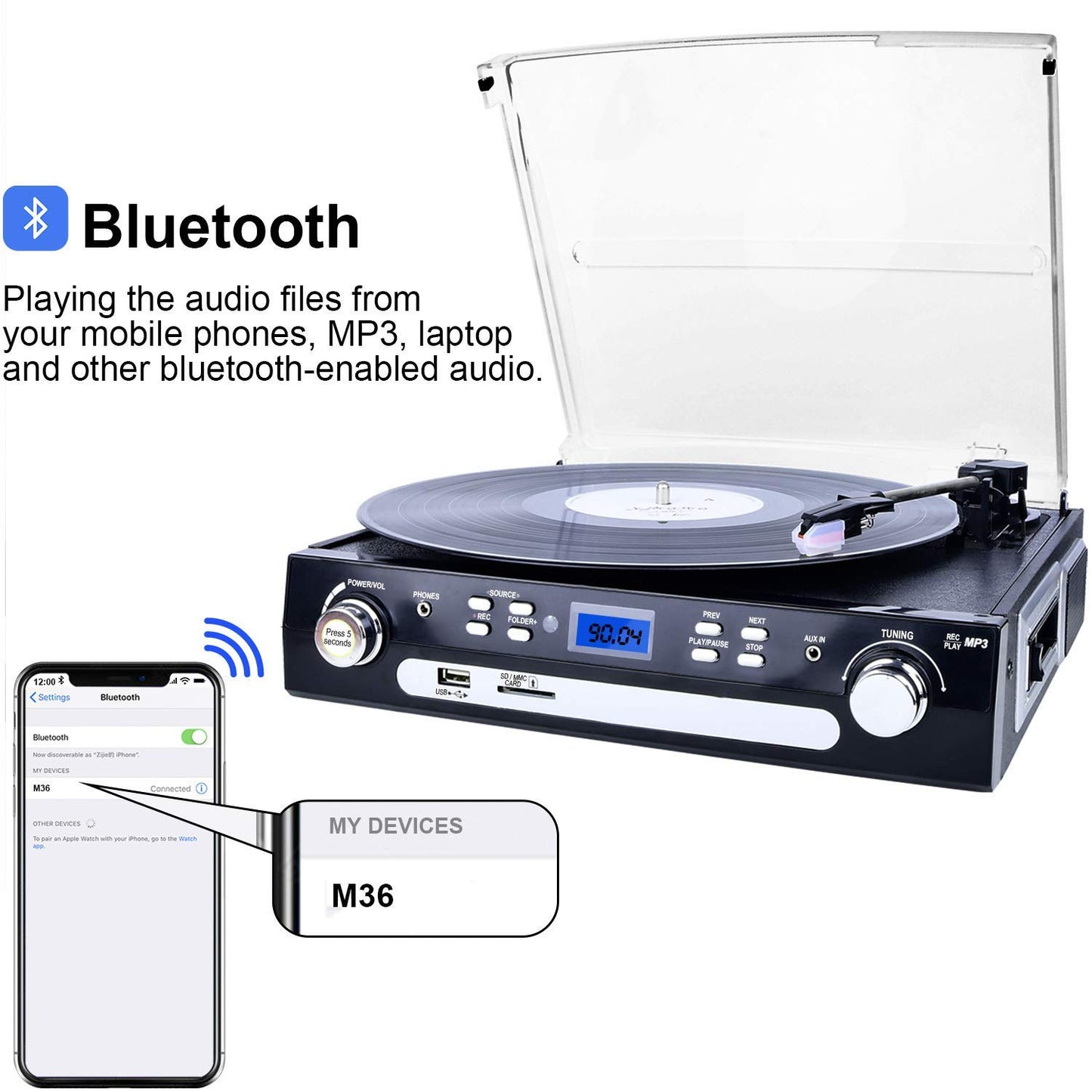 DIGITNOW Bluetooth Record Player with Stereo Speakers, Turntable for Vinyl to MP3 with Cassette Play, AM/FM Radio, Remote Control, USB/SD Encoding
