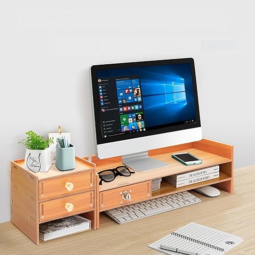 Wawuwao Computer Monitor Stand with Drawers, 18.9 Inch Wood Monitor Stand, Computer Rack with Lockable Drawer & Phone Holder for Office Home