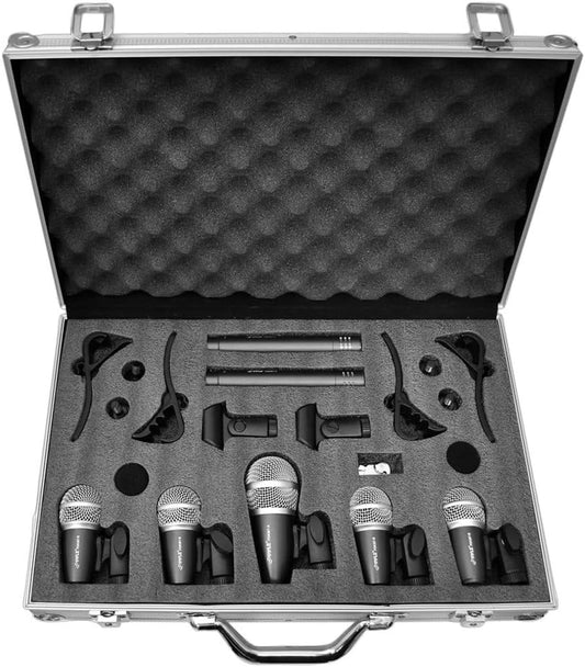 Pyle 7-Piece Wired Dynamic Kit-Kick Bass, Tom/Snare & Cymbals Microphone Set-for Drums, Vocal, & Other Instrument-Complete with Thread Clip, Inserts