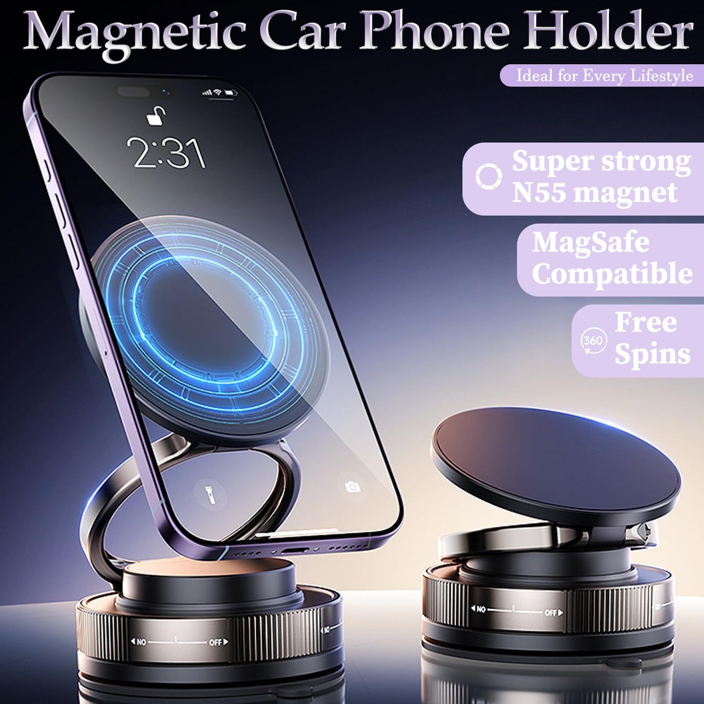 LONGQUAN Upgraded 360° Vacuum Magnetic Car Phone Holder, Strong Suction Cup Phone Mount [89+LBS Suction & 2600gf Magnetic], Foldable Portable Cell