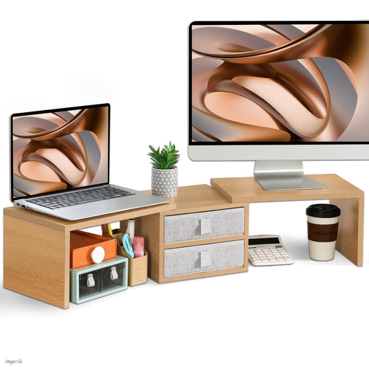 TEAMIX 42 inch Dual Monitor Stand Riser with 2 Drawers- Length and Angle Adjustable 3 Shelf Riser with Storage Desk Organizer Computer Monitor Stand