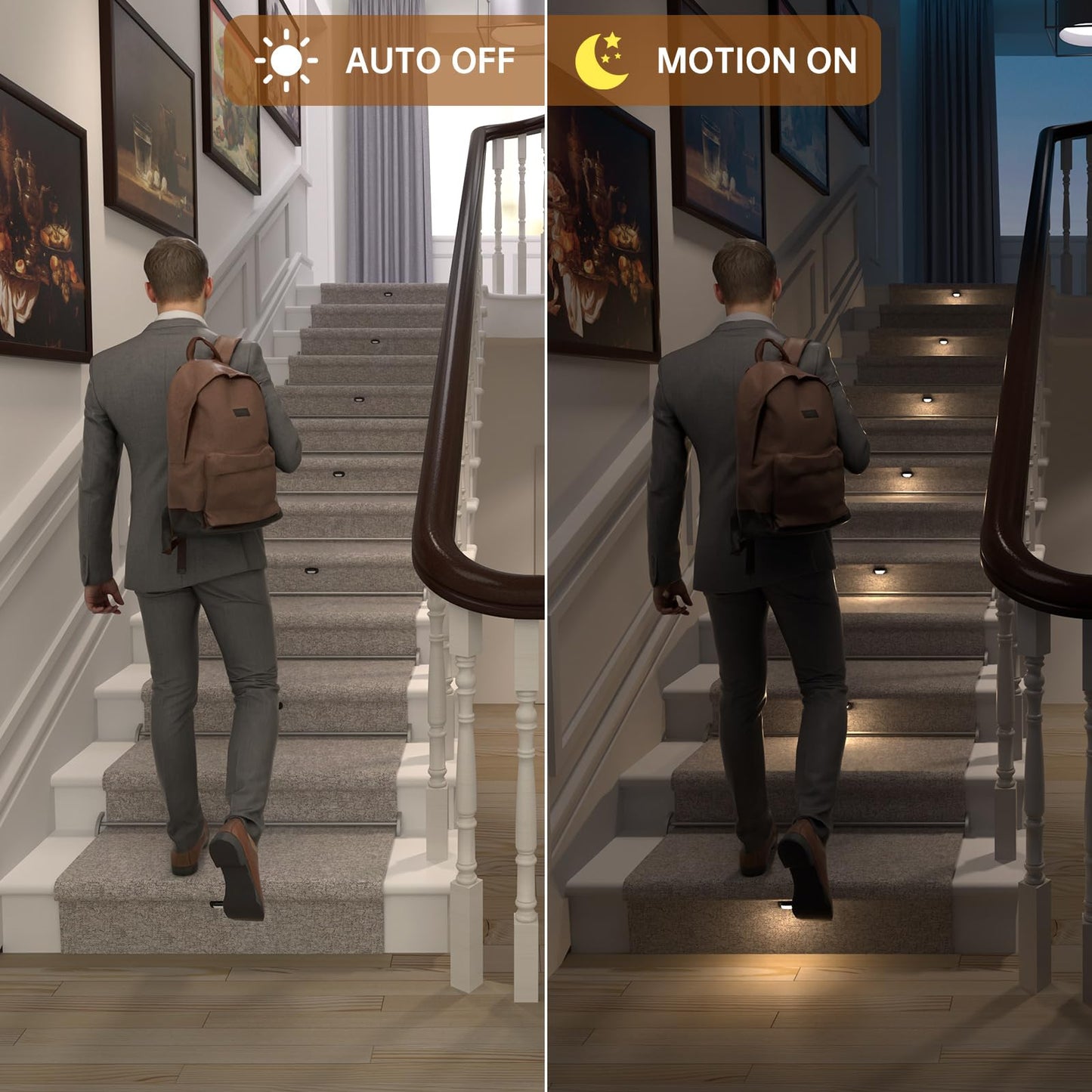 RWOFNIA Motion-Activated LED Stair Lighting Kit RW-5620-B, Warm White 2700K Mini LED Light Bulbs Suilt For Indoor Carpeted Or Wooden Staircase (8