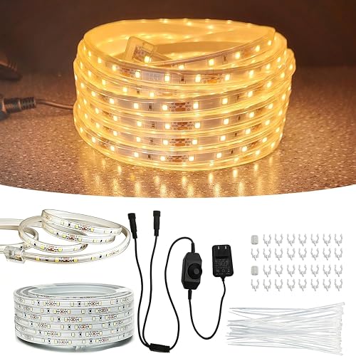 RYGDENG 66FT (33FT×2) 12V LED Rope Lights Outdoor Waterproof, 1200 LEDs Warm White Dimmable Flat Tape Lighting, Flexible PVC-Coated for Patio Backyard