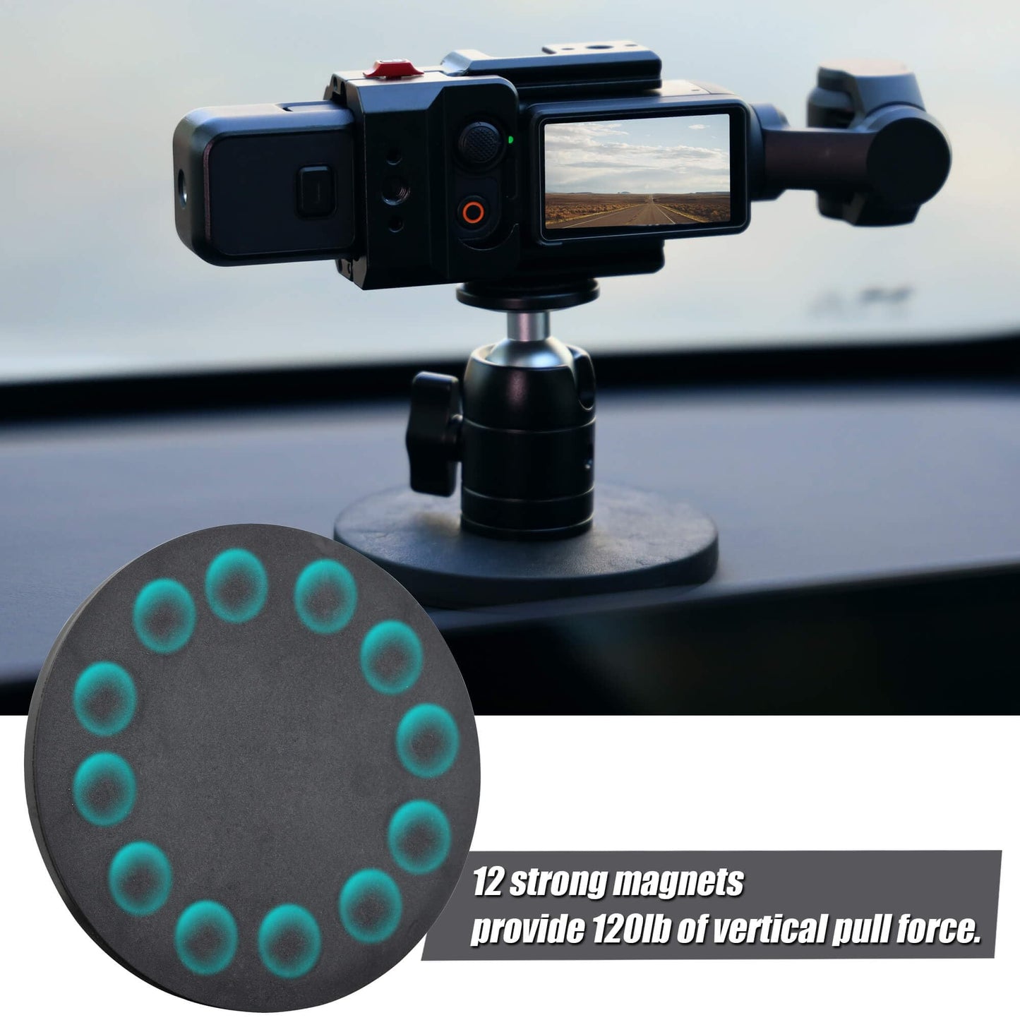Max Load 4kg / 8.8lb Magnetic Car Mount, with Metal Camera Ball Head for Action 6, OSMO Pocket 3, Insta360 Cameras