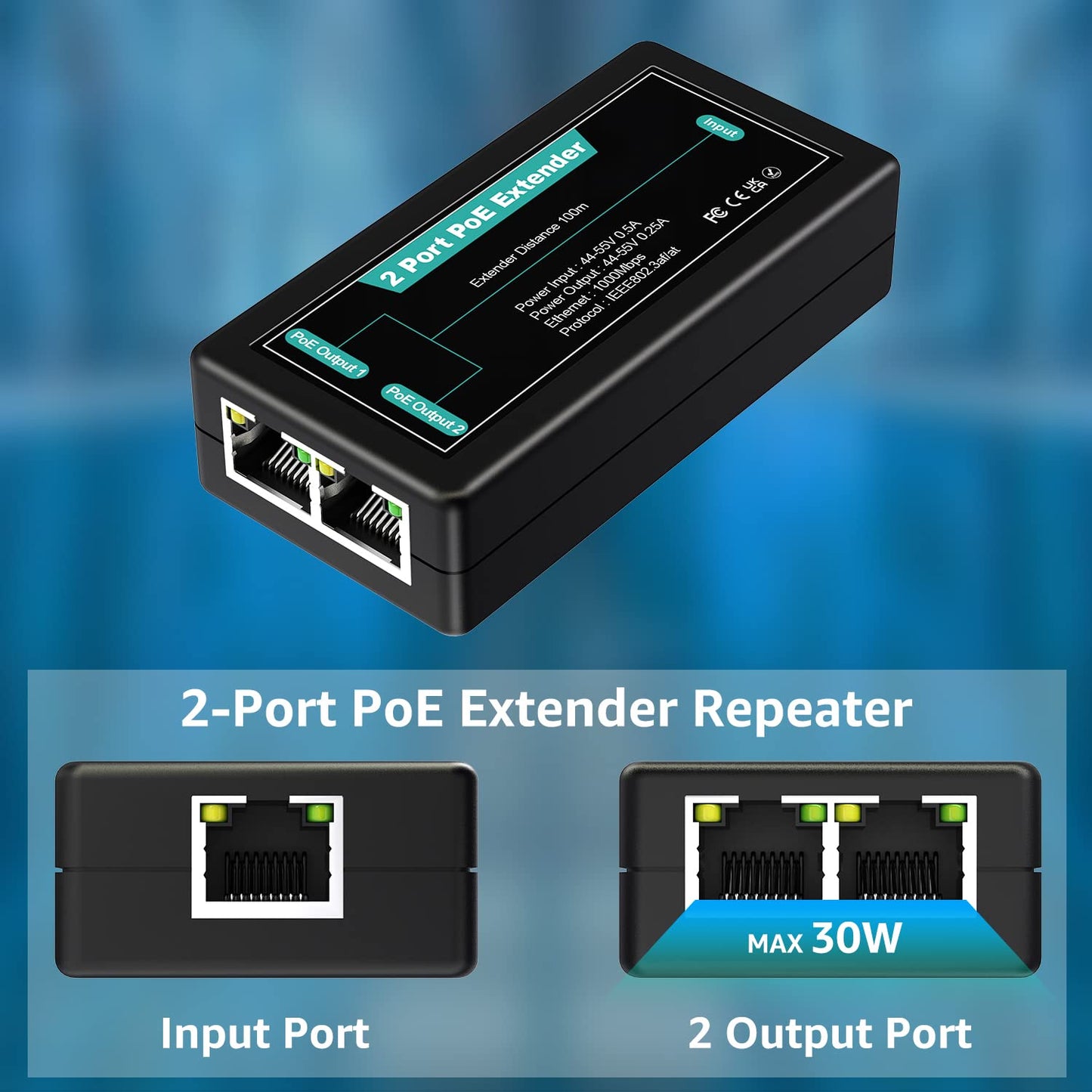 VIMIN 2-Port Gigabit PoE Extender, 1 in 2 Out Indoor PoE Repeater Support IEEE802.3af/at with 1000Mbps, Extend Additional 100m(328ft) of Power