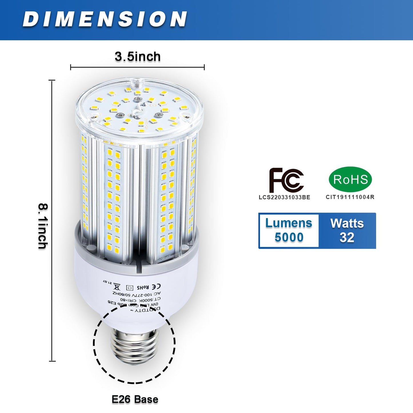 DJDTDTY 32W LED Light Bulb, E26 Base with E27 Adapter, 5000K 5000LM LED Light Bulb for Garage Warehouse Workshop Barn (32Watts)