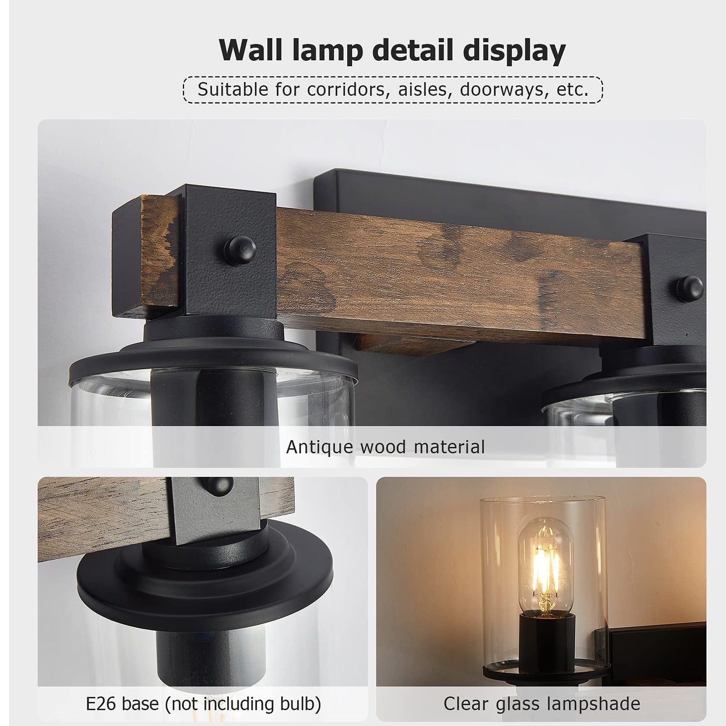 DUJAHMLAND Farmhouse Vanity Light Fixture,3-Light Bathroom Wood Wall Light Over Mirror with Clear Glass Shade, Rustic Vintage Wall Sconce