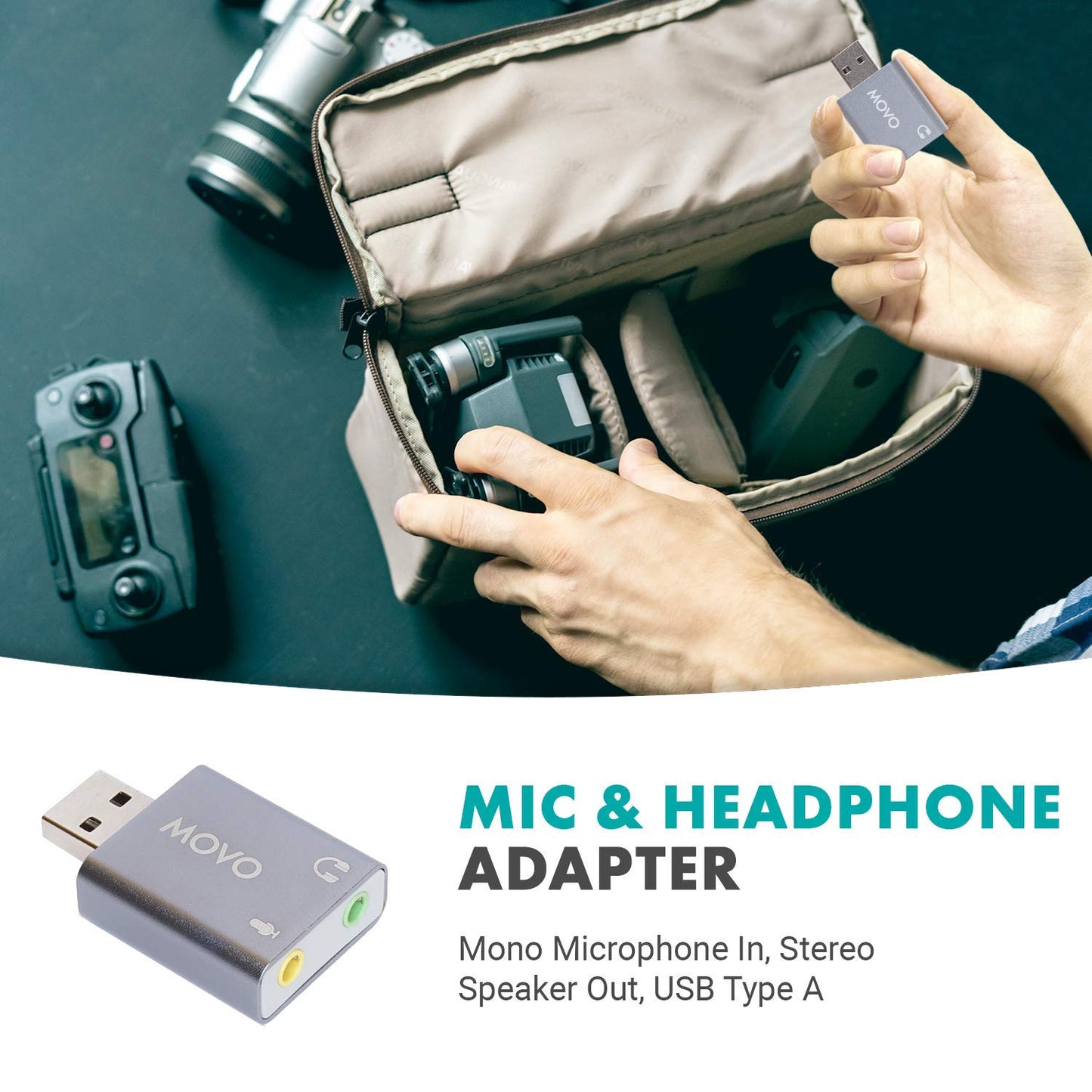 Movo USB-AC1 3.5mm TRRS Microphone to USB 2.0 Stereo Digital Audio Converter - USB Sound Card Adapter for Computer or Laptop - Convert USB Input