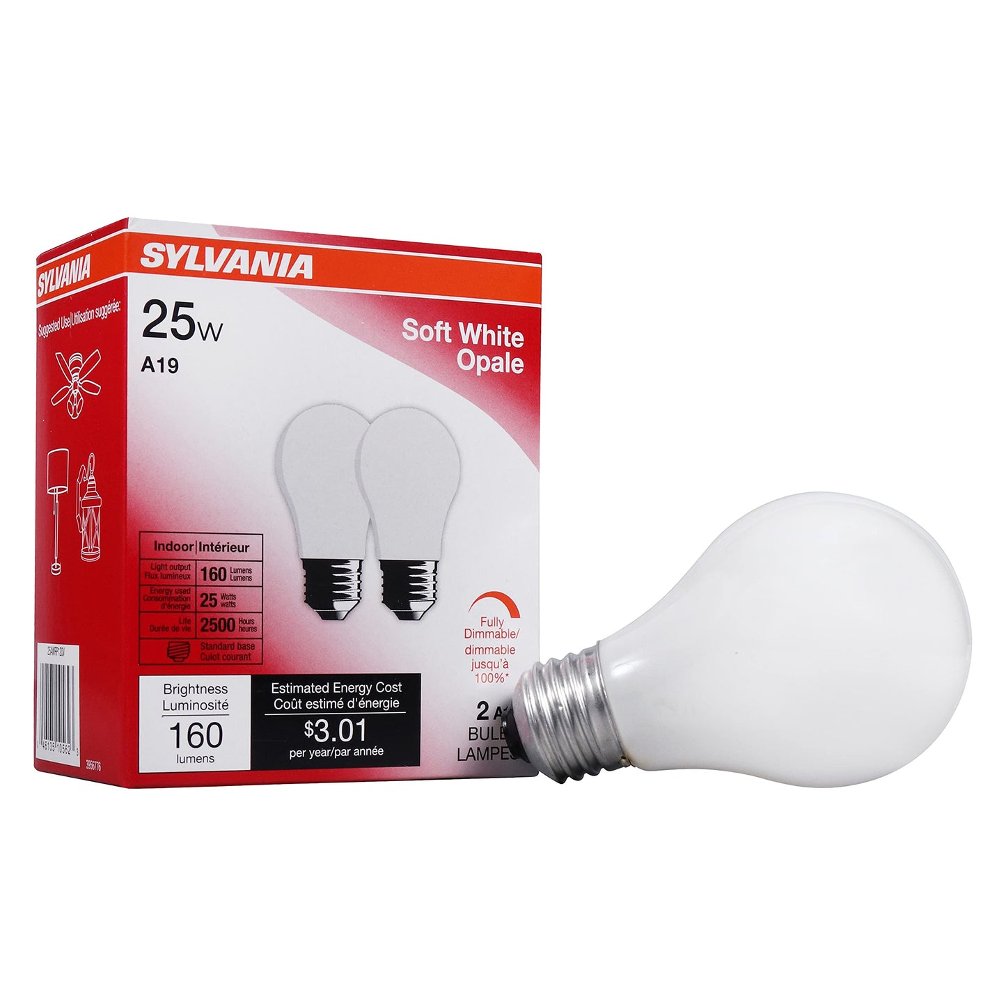 Sylvania Incandescent A19 E26 Medium Base 25 Watt Light Bulbs, 2 Pack