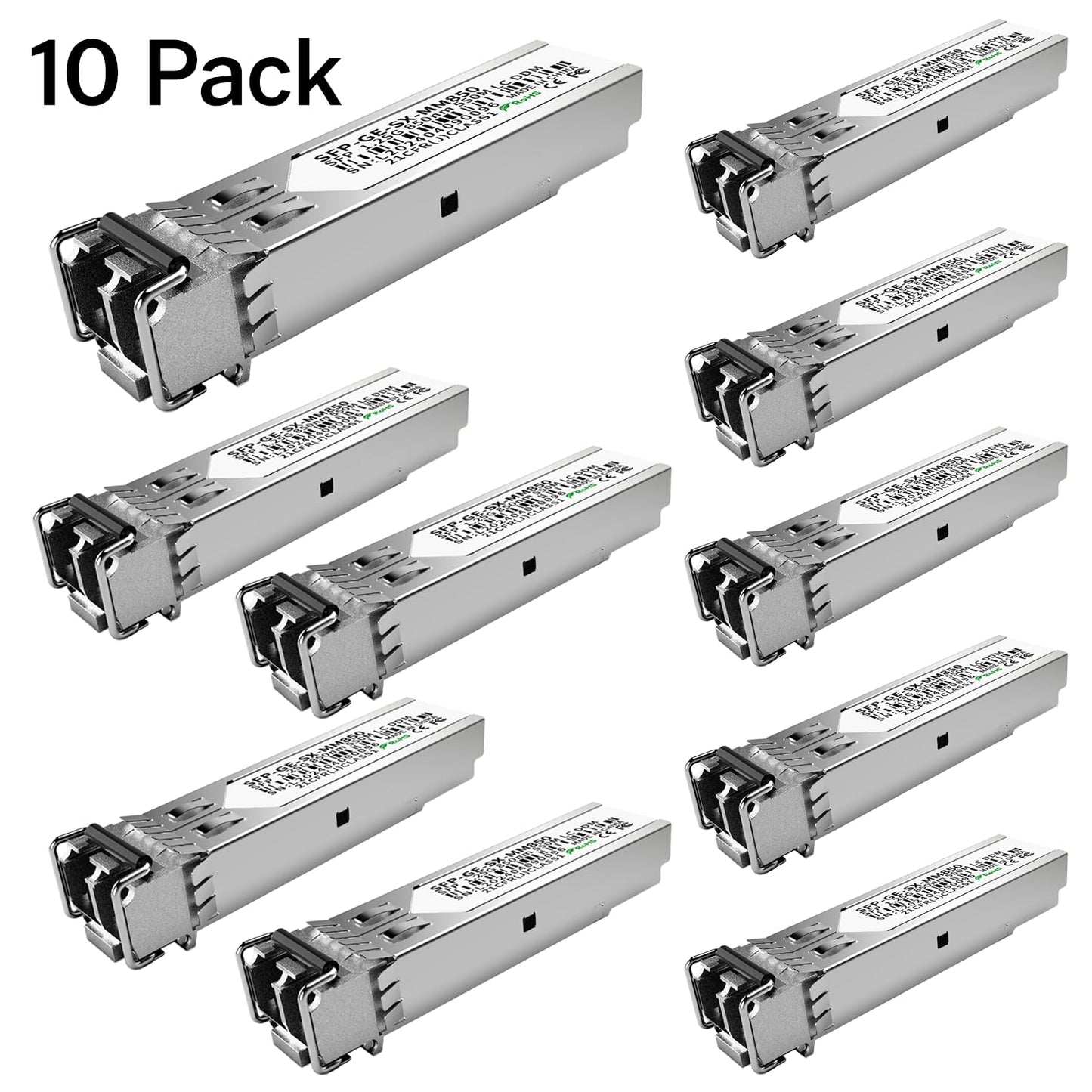 10Pack 1.25G SFP Module 1000Base-SX Multimode LC Transceiver, 850nm MMF, 550m Range - Compatible with Cisco SFP-GE-S, Meraki MA-SFP-1GB-SX, Ubiquiti