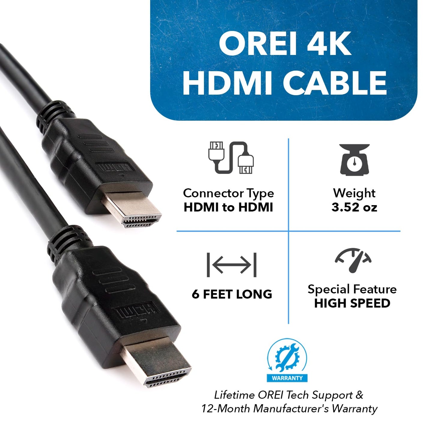 OREI Ultra High Speed 4kHDMI Cable 6ft - High-Speed 10.2Gbps, 3D, ARC, Ethernet - Premium 6ft HDMI Cable for TVs, Monitors, Home Theater & Gaming (10