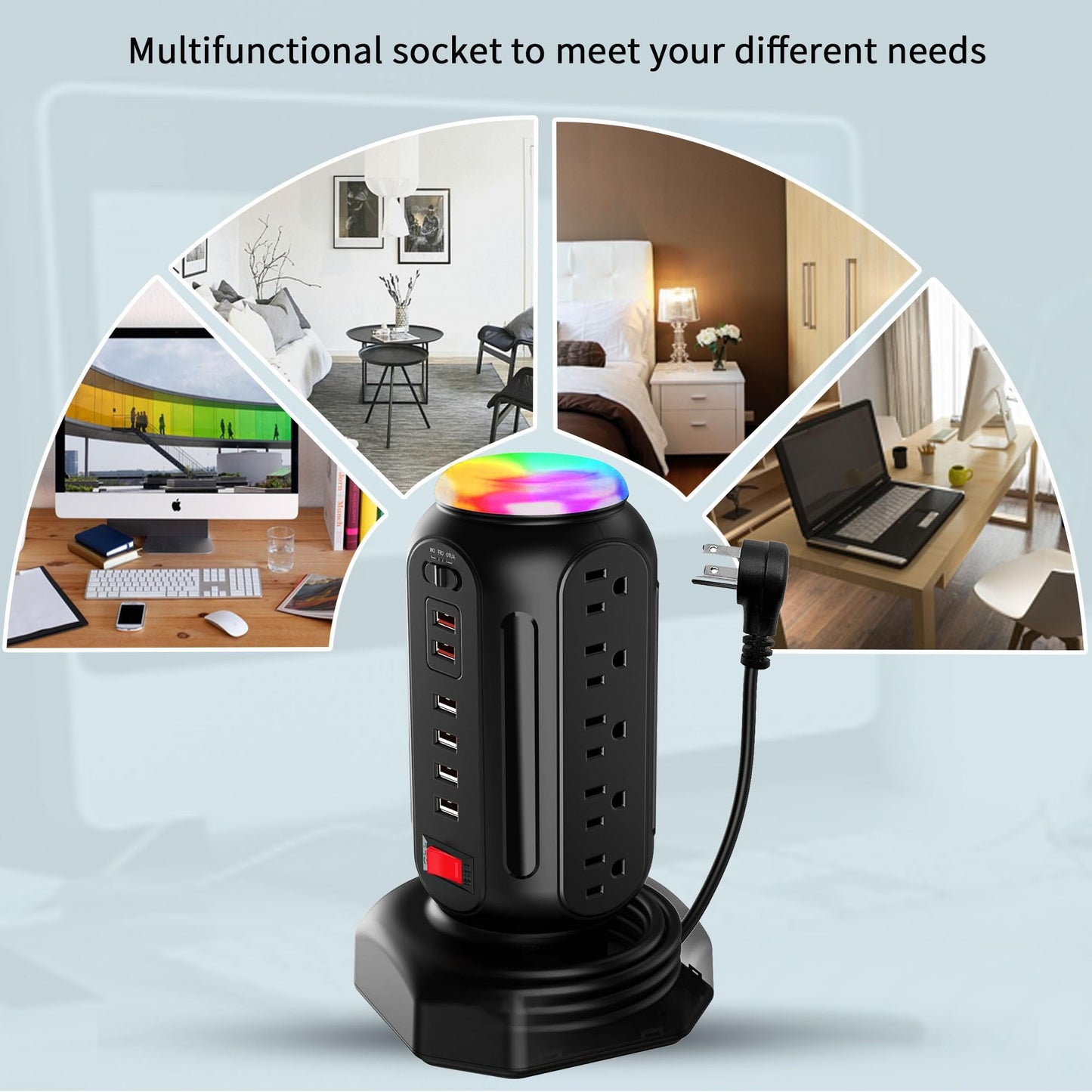 Power Strip Tower 15 Outlets 6 USB Ports, Surge Protector with Colorful Led Light & USB Fast Charge,Desktop Charging Station with 6.5ft Heavy Duty