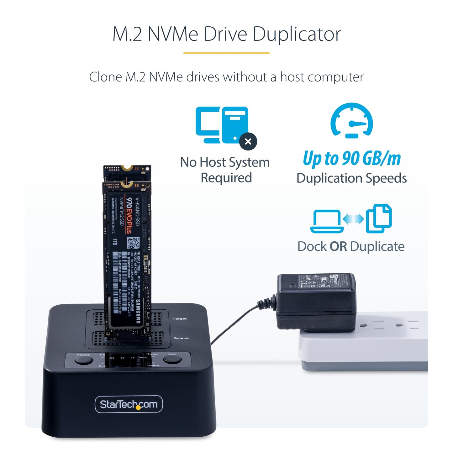 StarTech.com 1:1 M.2 NVMe Drive Duplicator, 90GBpm Standalone SSD Cloner/Copier, USB-C 3.2 20Gbps M.2 Dual-Bay Drive Dock, Black