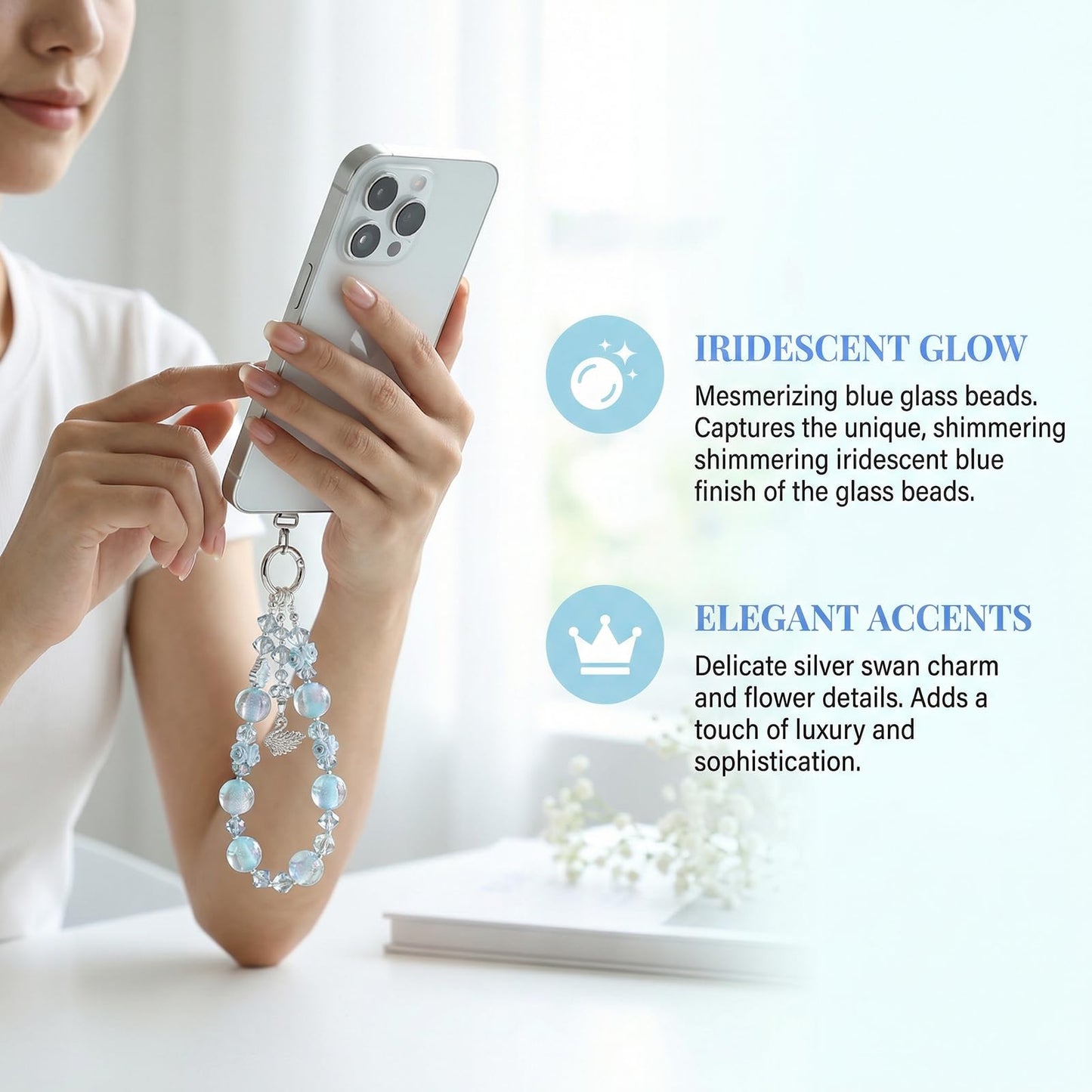 DYLWMYRL phone charm, Blue Bling Beaded Wrist Strap, Anti-Lost Detachable Cell Phone Lanyard for Women, Daily Commute & Travel