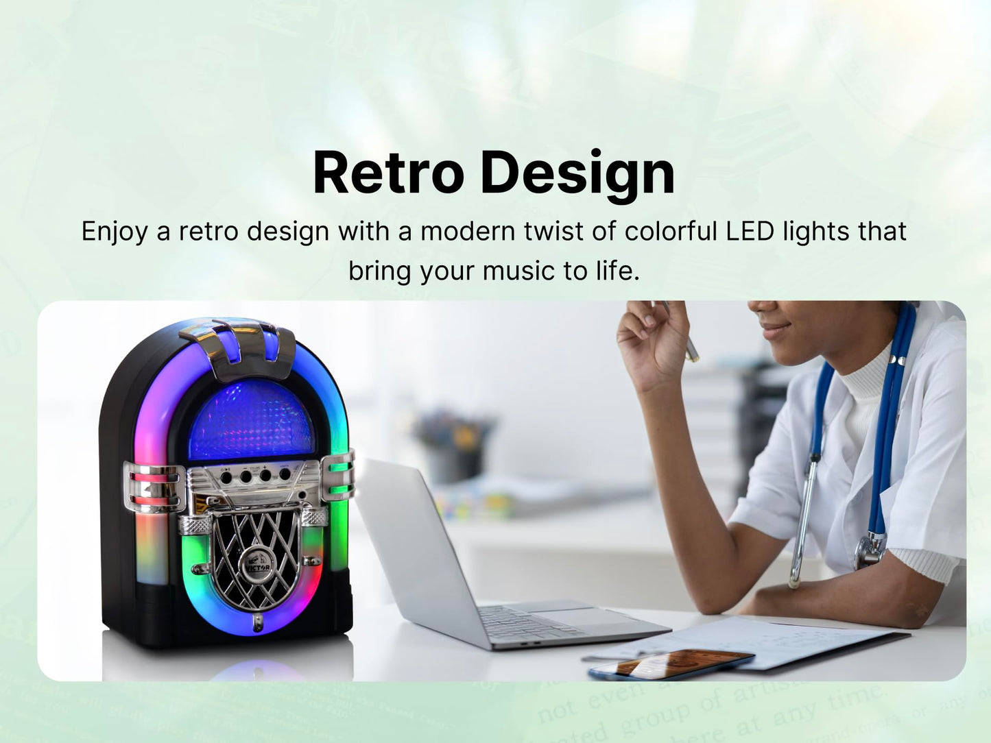 VICTOR VDTJ-1000 Mini Bluetooth Jukebox with Multicolor LED Lighting, Rechargeable Battery, Built-in Stereo Speaker, USB/SD Playback, and 3.5mm Aux