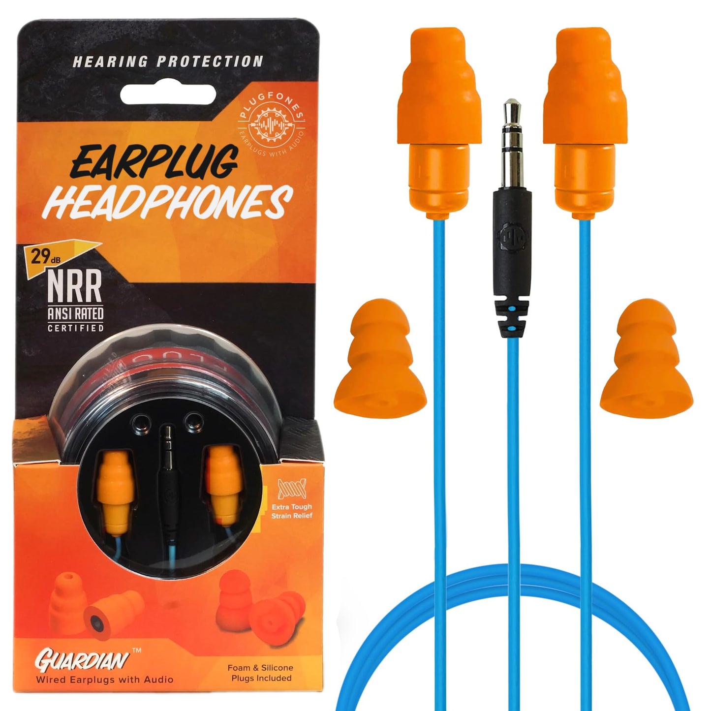 Plugfones Guardian Earplug Headphones - OSHA Approved Noise Isolating in-Ear Earbuds with Hearing Protection - Wired Hybrid for Work and Travel