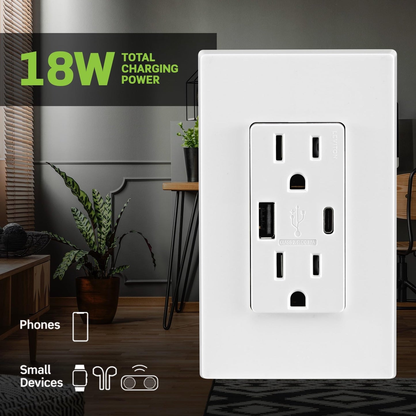 Leviton 18W USB Type-A/C in-Wall Charger with 15A Tamper-Resistant Outlet, USB Charger for Smartphones, Not for Laptops, T5638-W, White