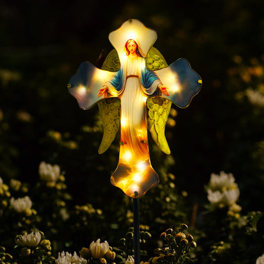 Solar Virgin Mary Cross Garden Lamp for Grave - Angel Wing Memorial Decoration, Waterproof Solar Stake Lamp for Easter, Courtyard, Yard - Sympathetic