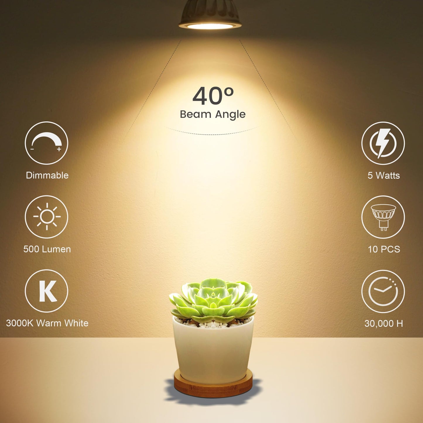 Aovpex 10 Pack Dimmable MR16 LED Bulbs, 12V 5W(50-Watt Equivalent), 3000K Warm White, GU5.3 Bi-Pin Base, 40-Degree, Indoor/Outdoor Landscape Spotlight
