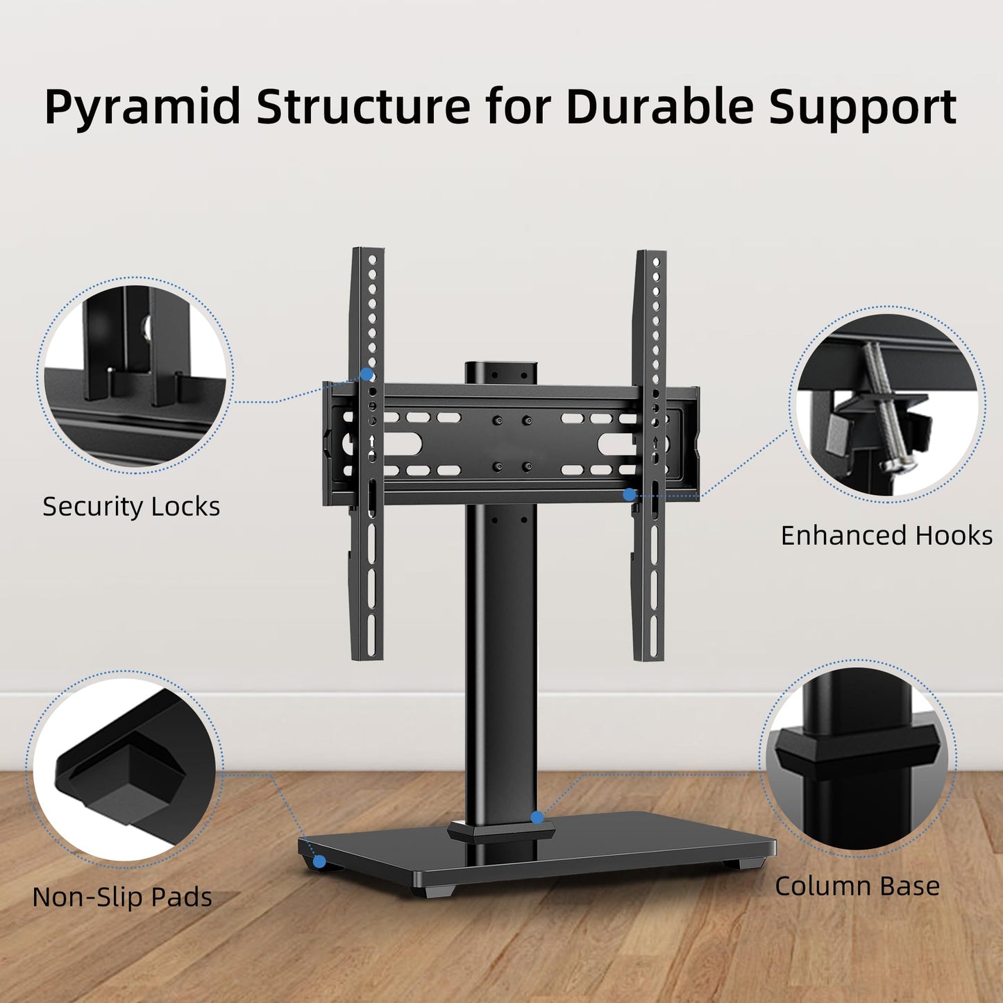Universal 26-80" Tabletop TV Stand, 88 lb Steel & 8 mm Glass Base, 6-Level Height Snap, 10-Min No-Drill Install, VESA 100×100-400×400 mm