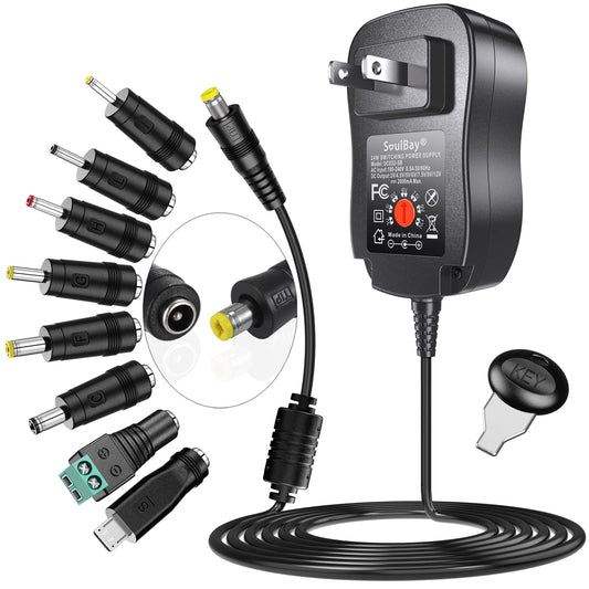 SoulBay 24W Universal AC/DC Adapter 12V 9V 7.5V 6V 5V 4.5V 3V Regulated Switching Power Supply with 8 Selectable Plugs for LED Strip Light Camera…