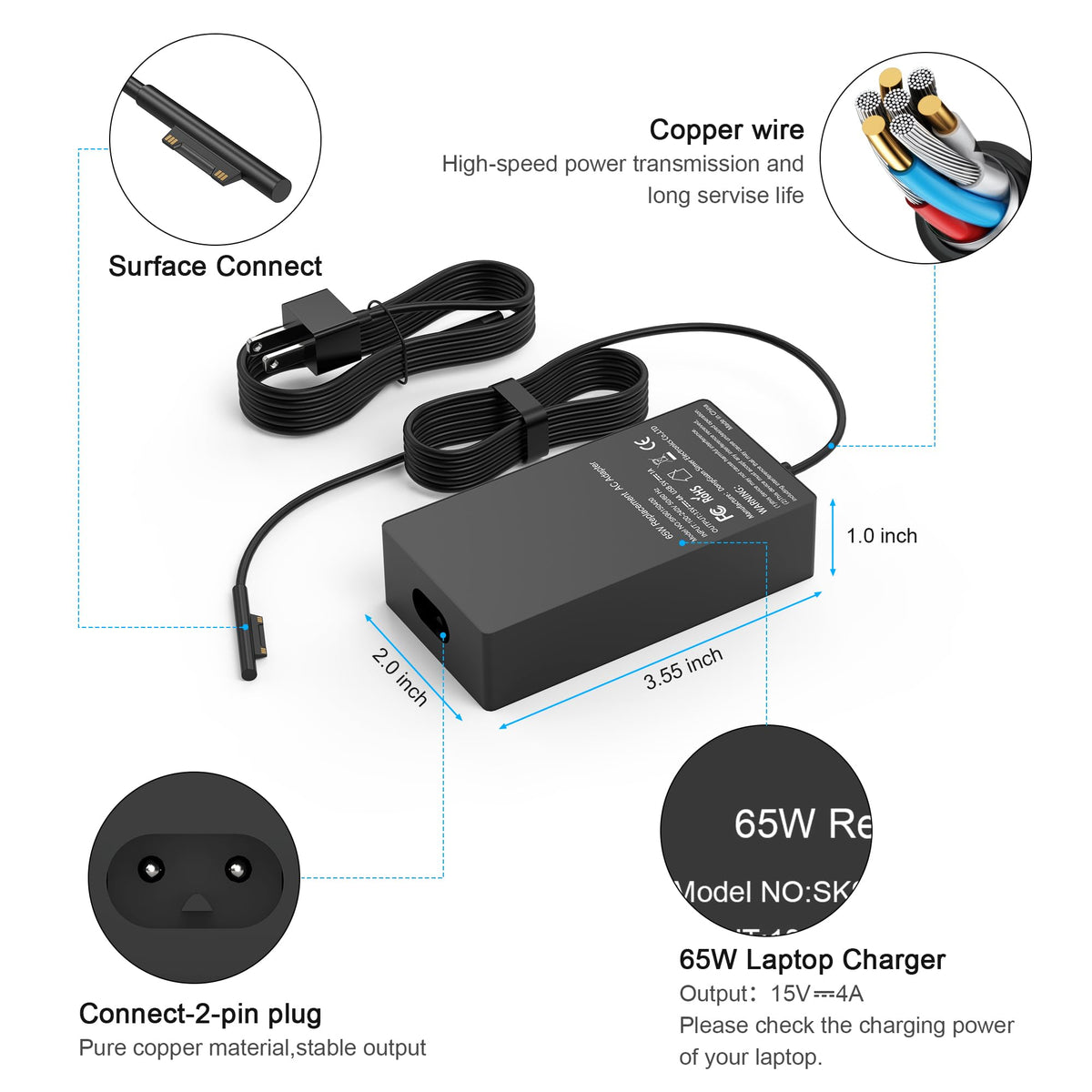 Compatible with Microsoft Surface Charger,65W Surface Pro Charger,Compatible with Surface Pro 11,9,8,7,6,5,4,3,X Surface Laptop 7,6,5,4,3,2,1 Surface