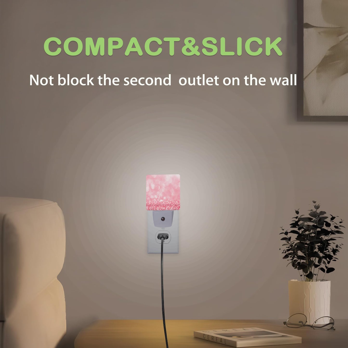 Pink Glitter Night Light,Plug into Wall Nightlights with Dusk to Dawn Light Sensors,Nightlights for Bedroom/Bathroom/Hallway/Kitchen,Nightlight