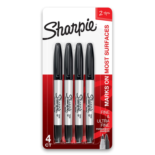 Sharpie Twin Tip Permanent Markers, Fine and Ultra Fine, Black, 4 Count