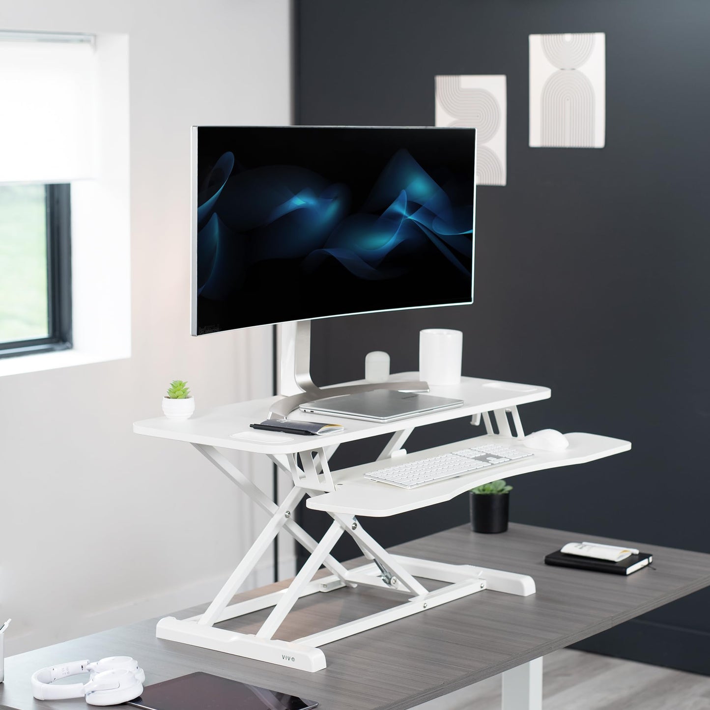 VIVO 38 inch Desk Converter, K Series, Height Adjustable Sit to Stand Riser, Dual Monitor and Laptop Workstation with Wide Keyboard Tray, White