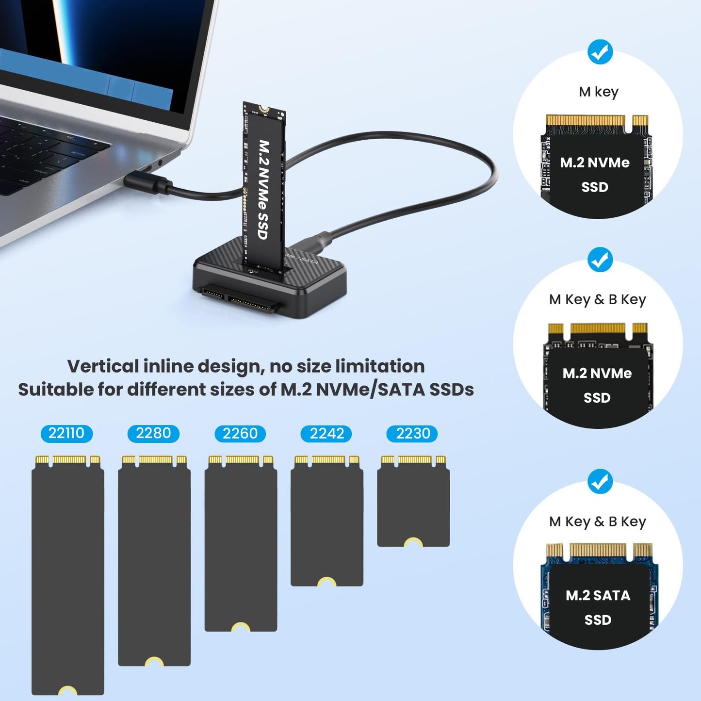M2 NVMe SATA SSD Enclosure Hard Drive Reader USB 3.2 Gen 2 10Gbps External SSD Reader for 2.5" HDD SSD M.2 NVMe SATA (M Key&M+B Key),Support Sizes
