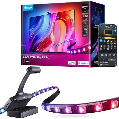 Govee TV Backlight 3 Pro with HDR Triple Camera, 11.8ft 5-in-1 RGBWWIC LED Strip Lights that Change with 55-65 Inch TVs, 75LEDs/m, Supports AI Filter