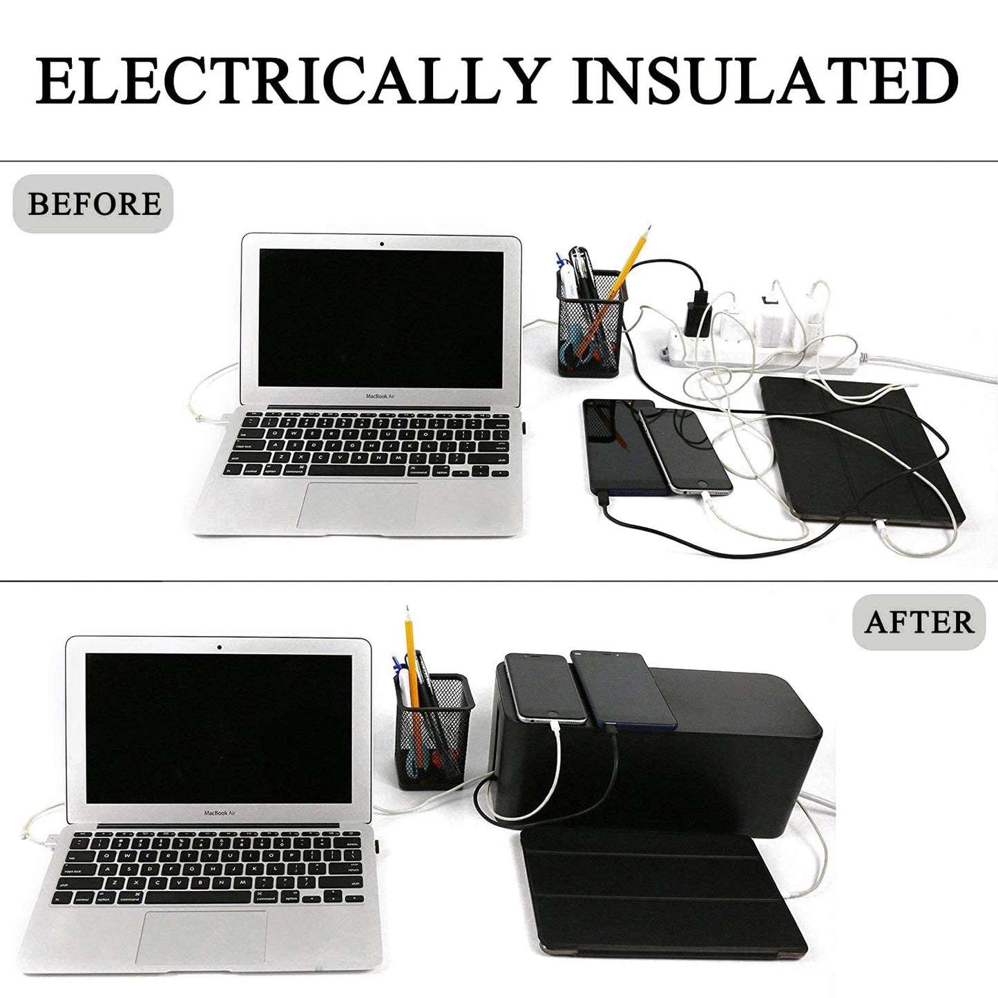 [Set of 3] 3 Cable Management Boxes + 3 Wire Ties, Large Cord Box Organizers to Hold and Hide Power Strip Charger Adapter Power Cord Charging Station