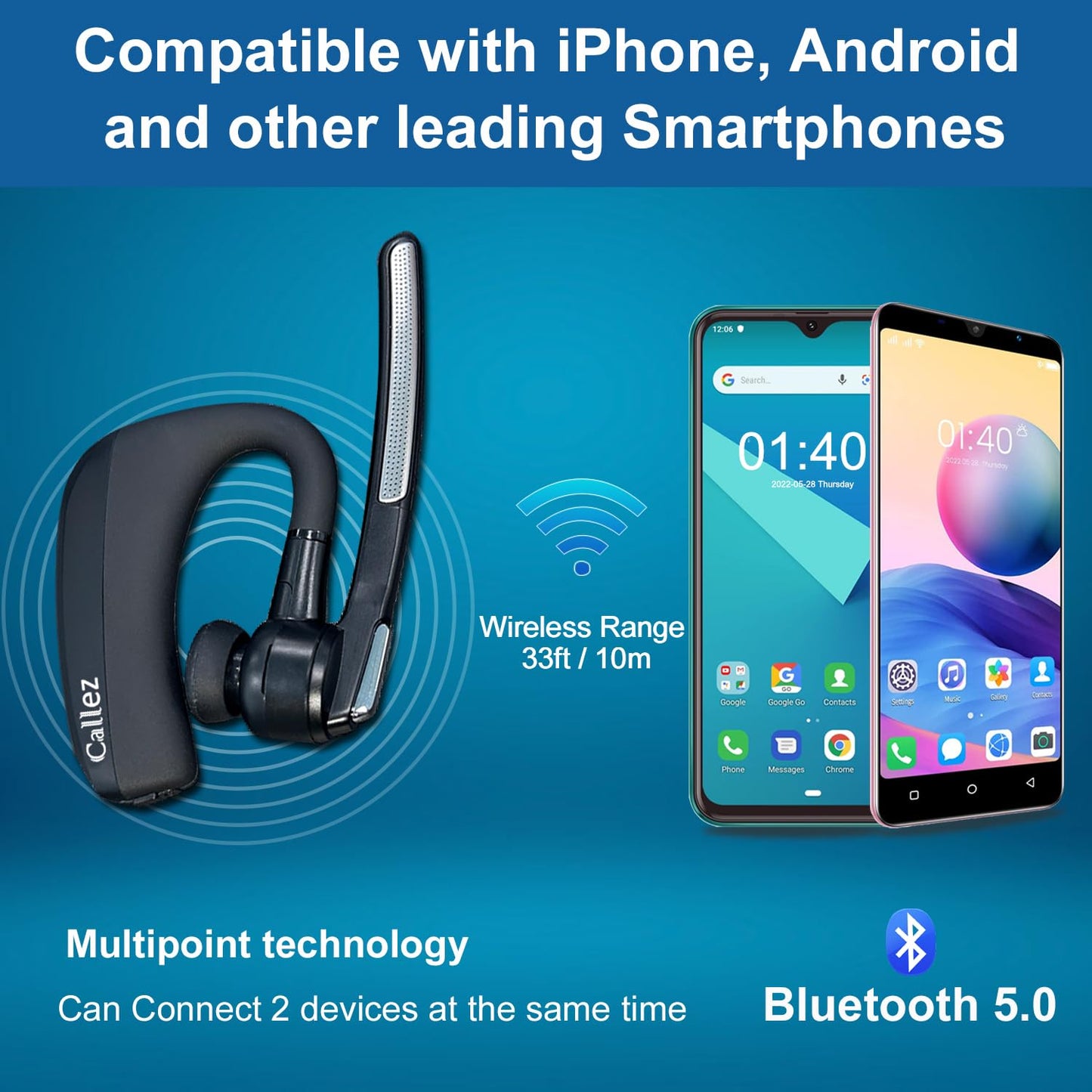 Callez Bluetooth Headset for iPhone Android Cell Phone, Bluetooth Earpiece V5.0 with CVC8.0 Dual Mic Noise Cancelling & Mute/Volume Buttons