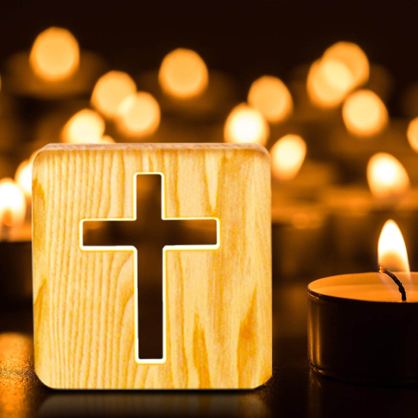WLHONG Easter Decorations Cross Shaped Wood Bedside Lamp, Jesus Cross 3D LED Optical Night Light, Personalized Room Decor Best Birthday Christian