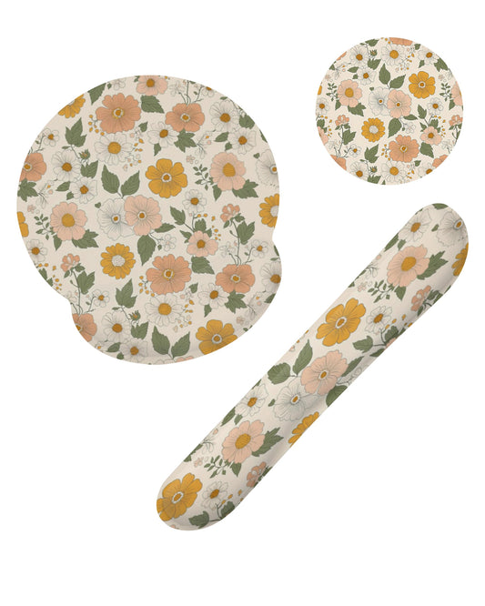 Retro Boho Groovy Flower Mouse Pad with Wrist Rest and Keyboard Wrist Rest Set, Non-Slip Rubber Base Memory Foam Mouse Pad Set for Women, Office Desk