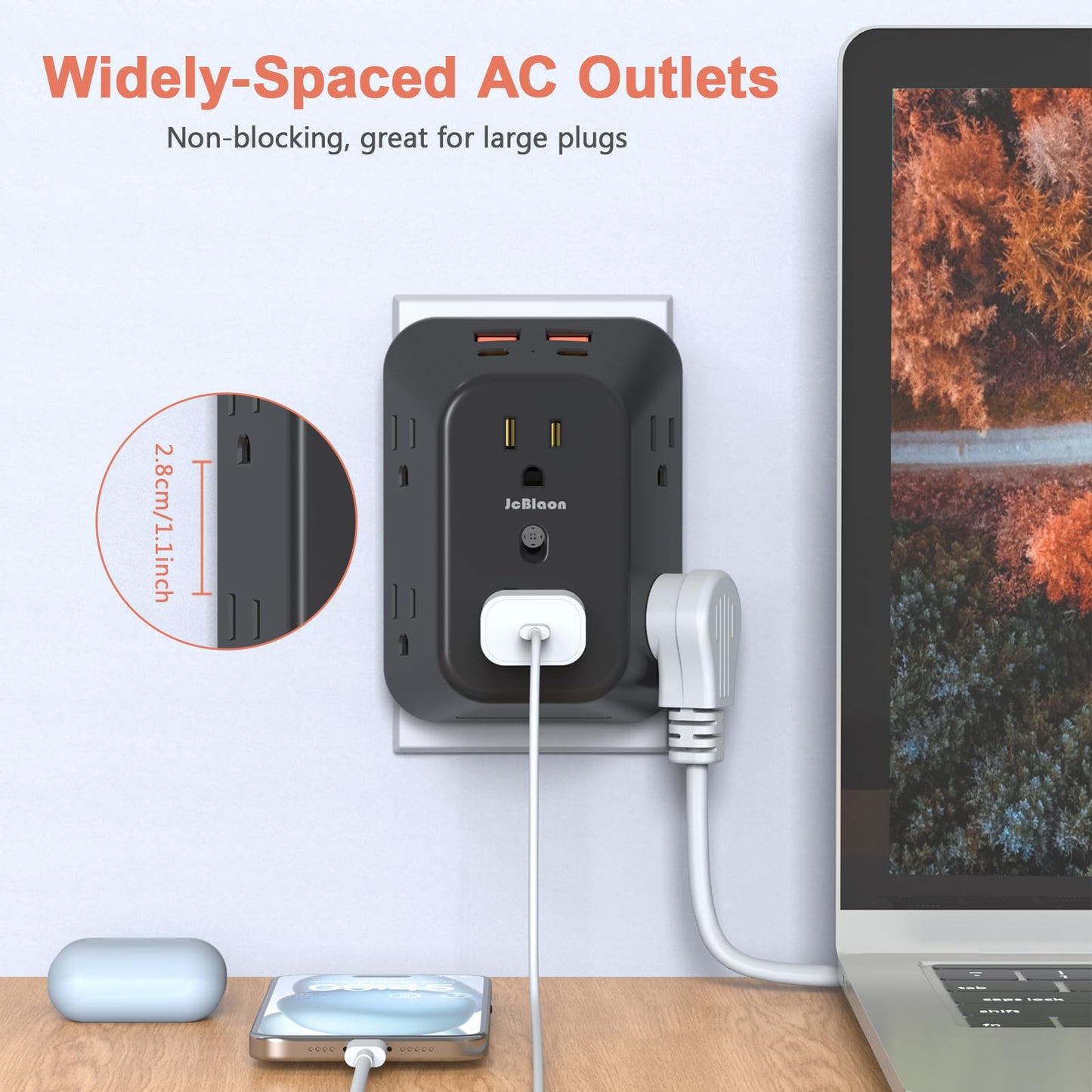 USB Wall Charger Electrical Outlet Extender, Surge Protector, 6 Outlet Splitter with 4 USB Outlet (2USB A, 2USB C) 4-Sided 1050J Power Strip Multi
